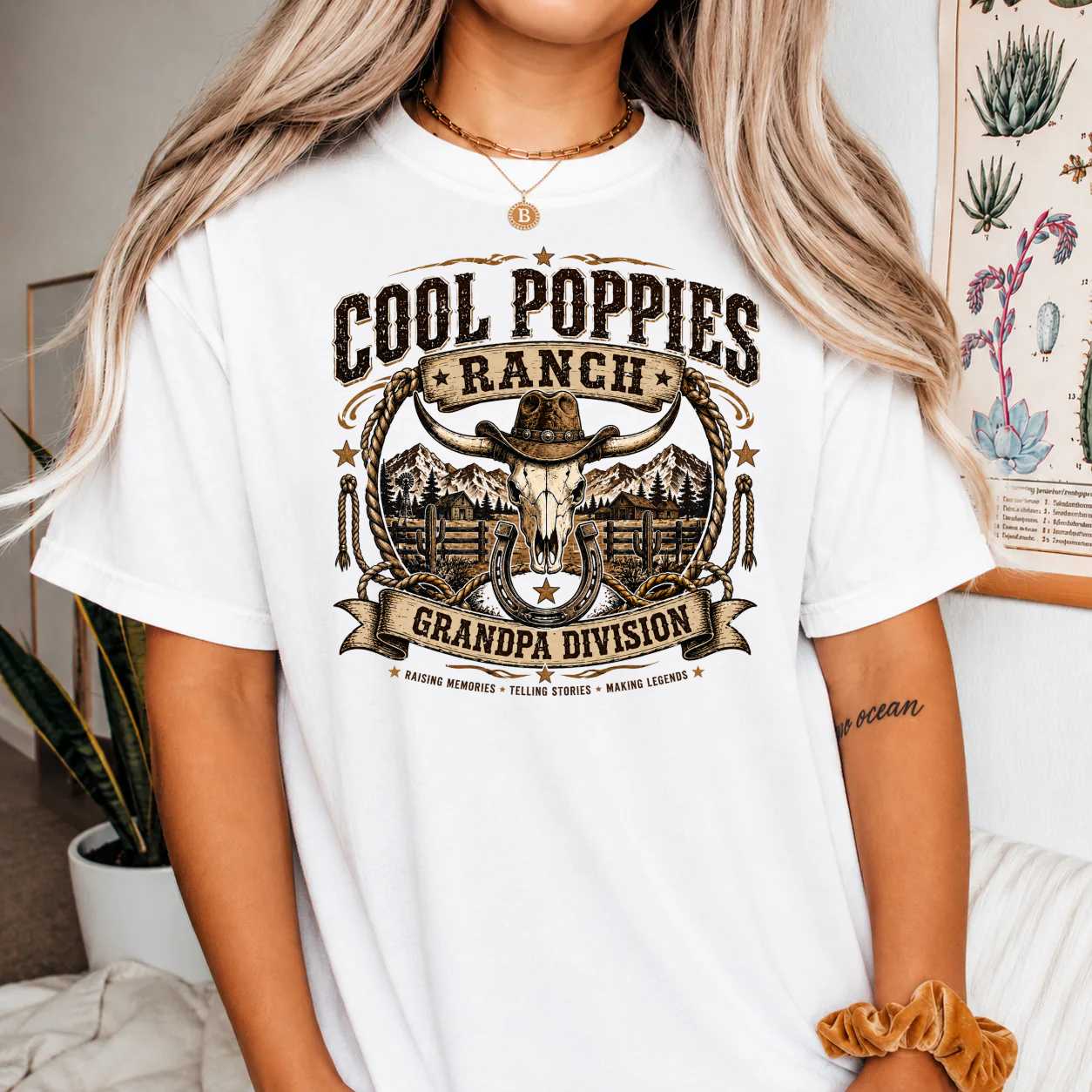 Cool Poppies Ranch Grandpa Division T-Shirt Western Cowboy Bull Skull Graphic Tee for Men