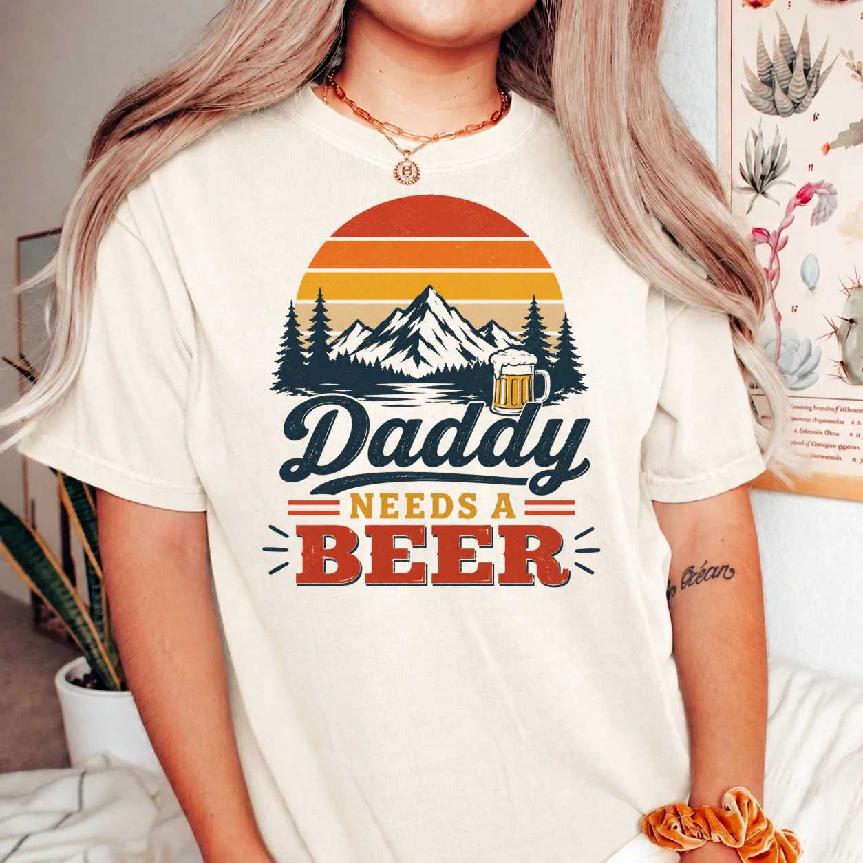 Daddy Needs A Beer Comfort Colors T-Shirt for Men - Funny Retro Mountain Graphic Tee Gift for Dad