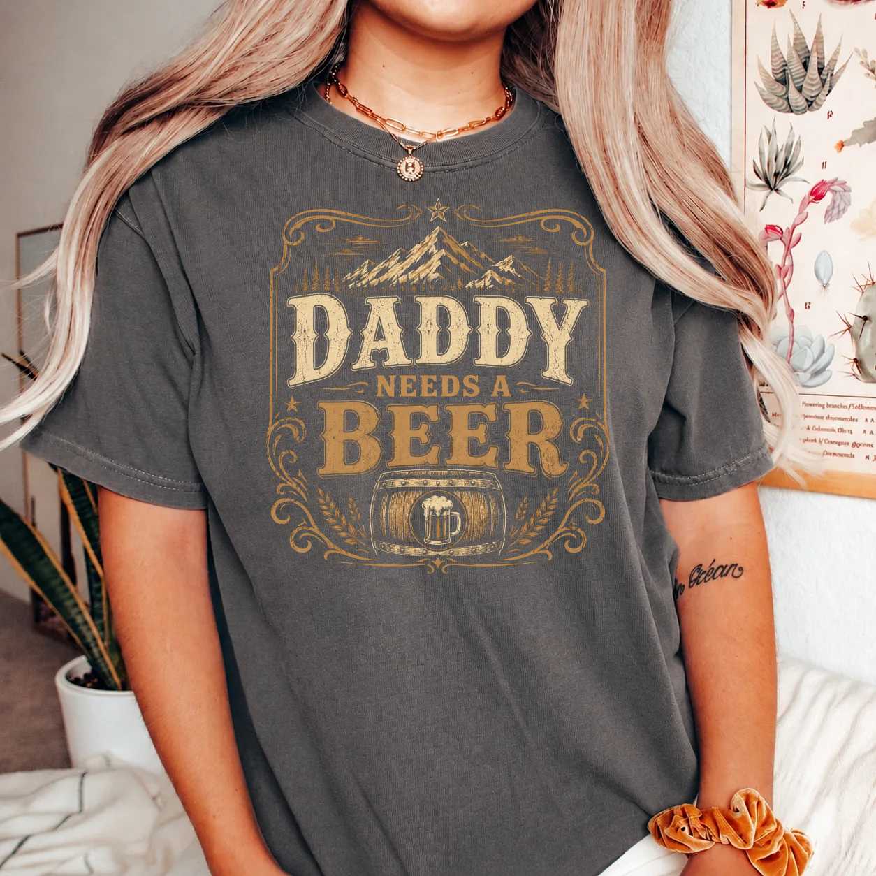 Daddy Needs A Beer Comfort Colors T-Shirt for Men - Funny Retro Mountain Graphic Tee for Dads