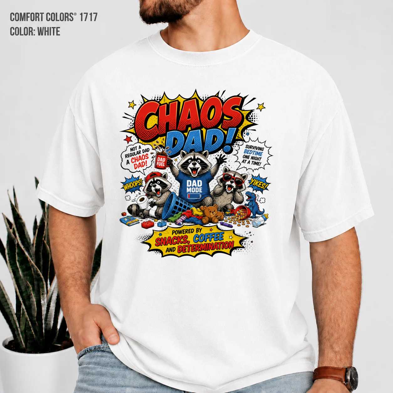 Chaos Dad Funny Raccoon Graphic T-Shirt for Men Comic Style Fathers Day Gift