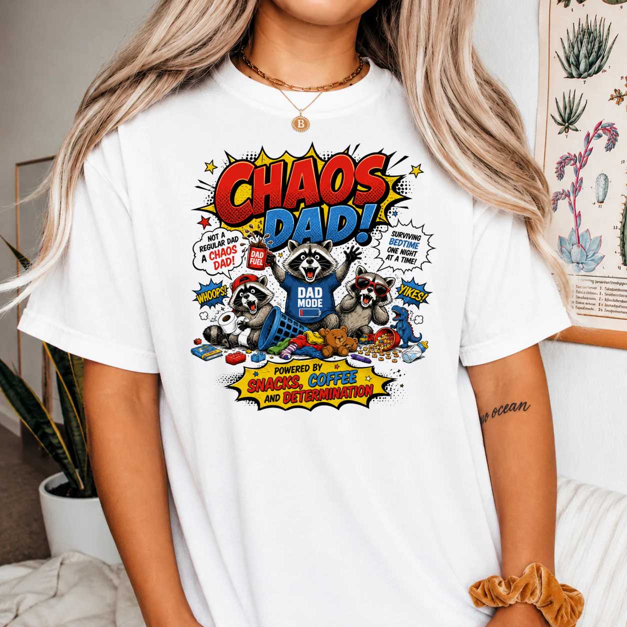 Chaos Dad Funny Raccoon Graphic T-Shirt for Men Comic Style Fathers Day Gift