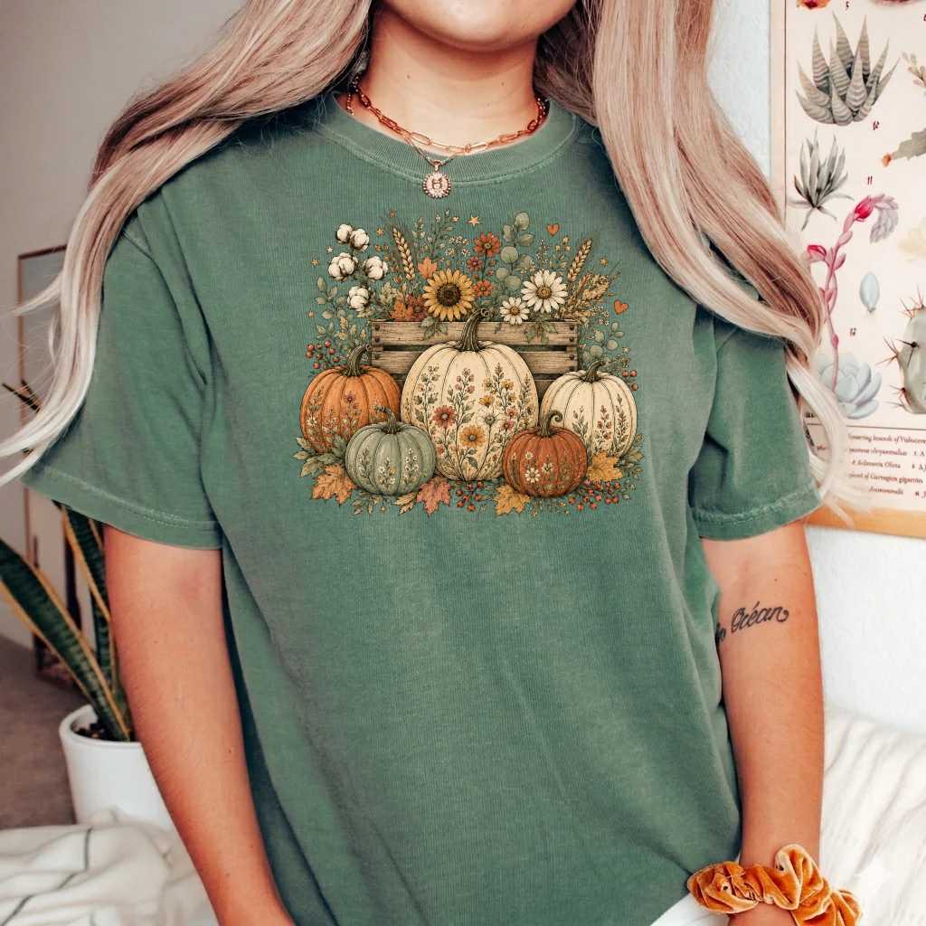 Floral Pumpkin Harvest T-Shirt Vintage Cottagecore Autumn Tee for Women Botanical Fall Style