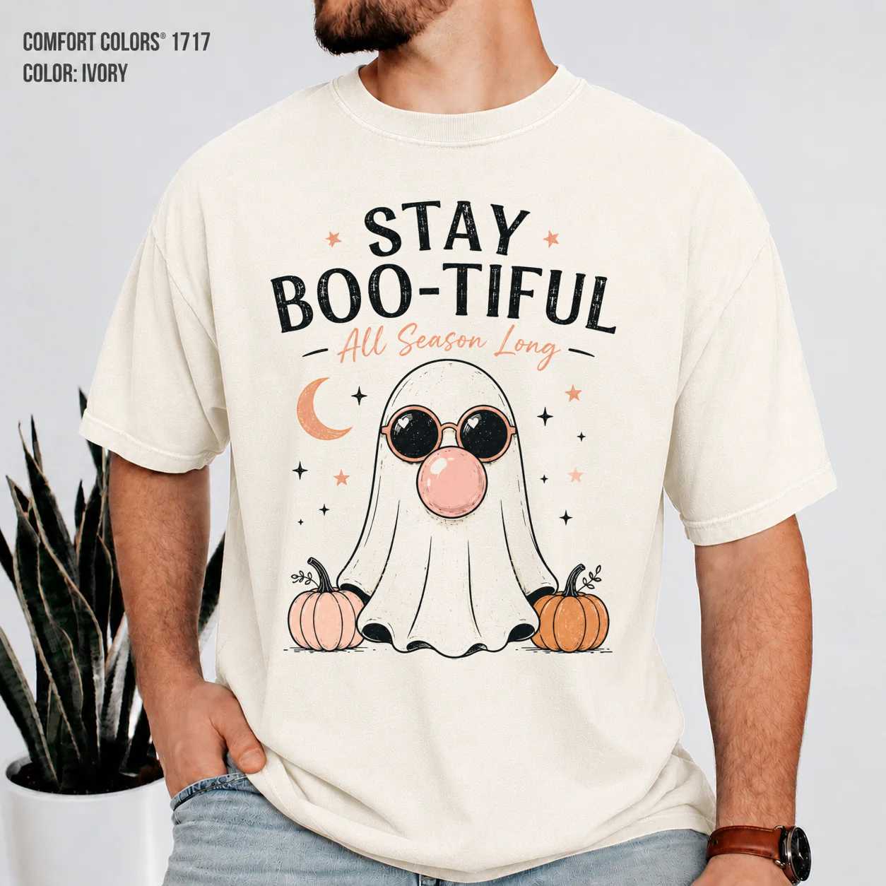 Stay Boo-tiful Ghost T-Shirt for Women Trendy Halloween Bubblegum Design Cute Fall Graphic Tee