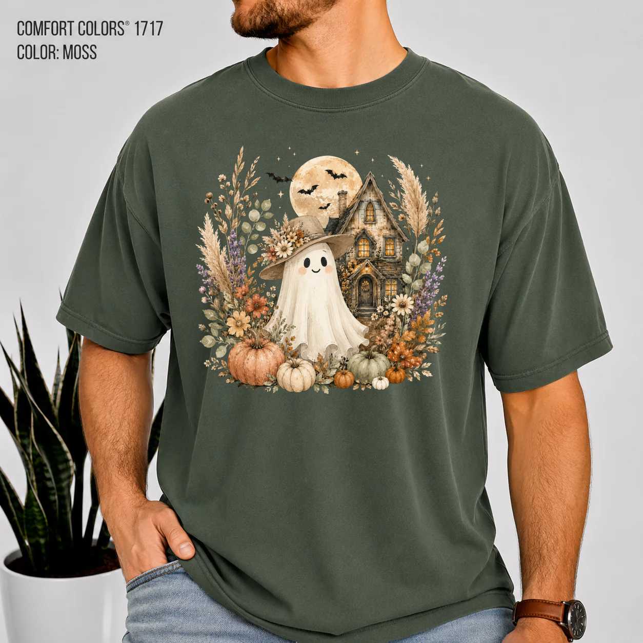 Whimsical Floral Ghost T-Shirt Cute Halloween Haunted House Tee for Spooky Season Aesthetic Fall Style