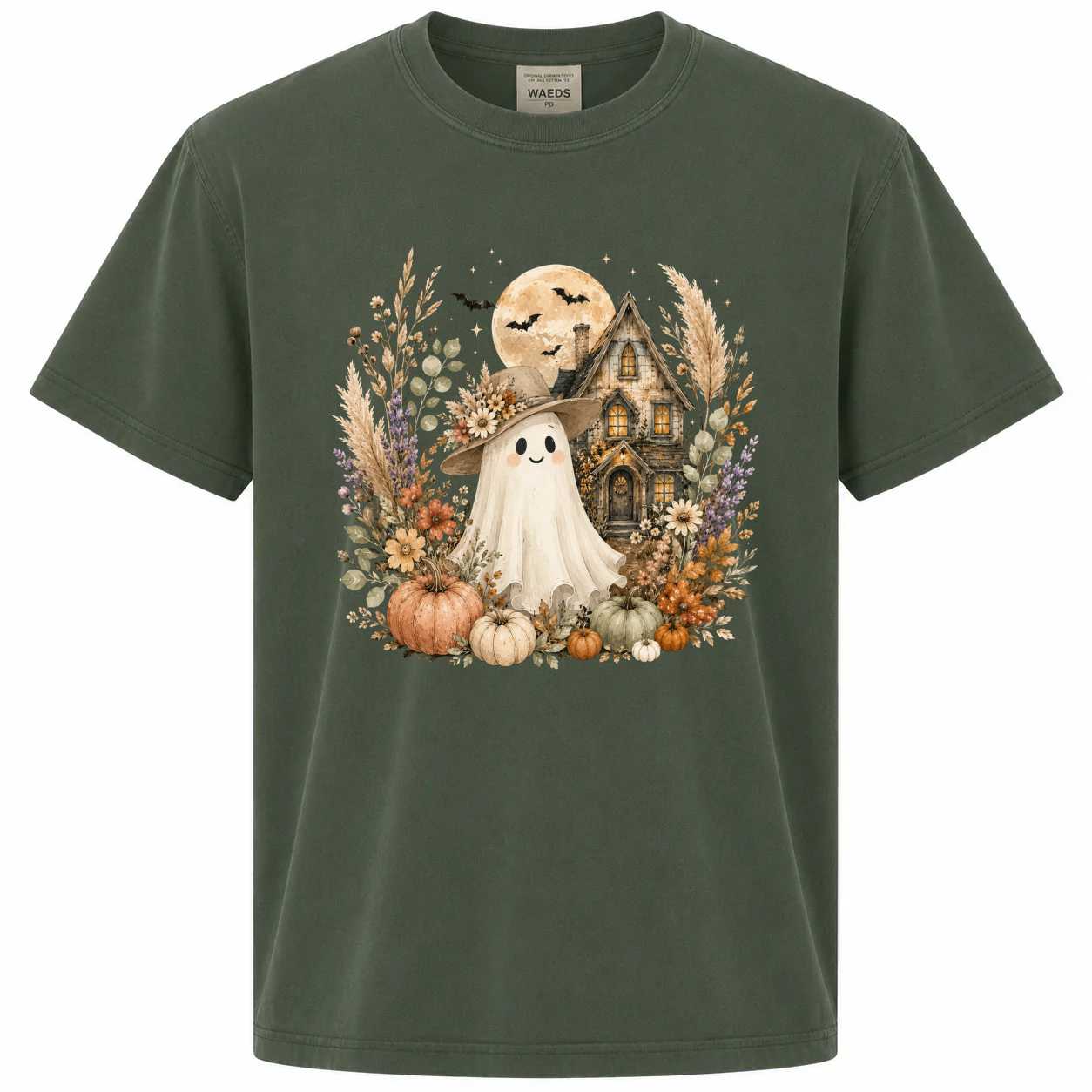 Whimsical Floral Ghost T-Shirt Cute Halloween Haunted House Tee for Spooky Season Aesthetic Fall Style