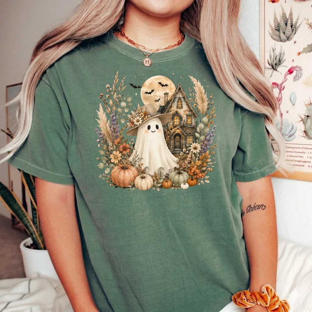 Whimsical Floral Ghost T-Shirt Cute Halloween Haunted House Tee for Spooky Season Aesthetic Fall Style