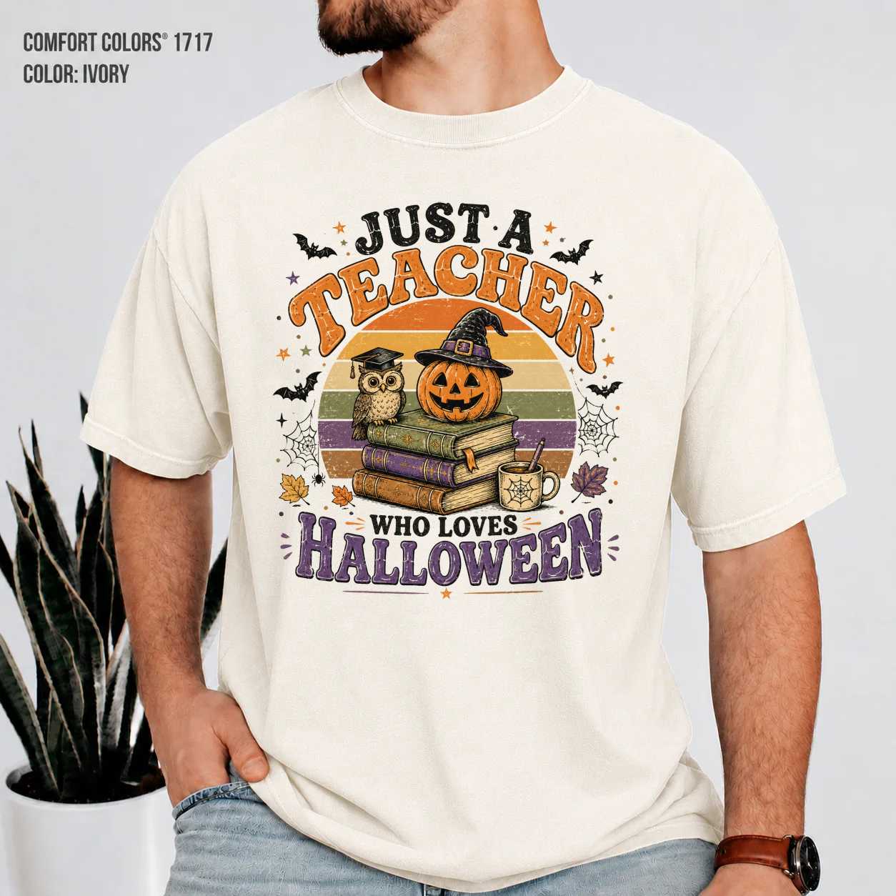 Just a Teacher Who Loves Halloween T-Shirt Retro Vintage Style Bookish Educator Tee for Spooky Season