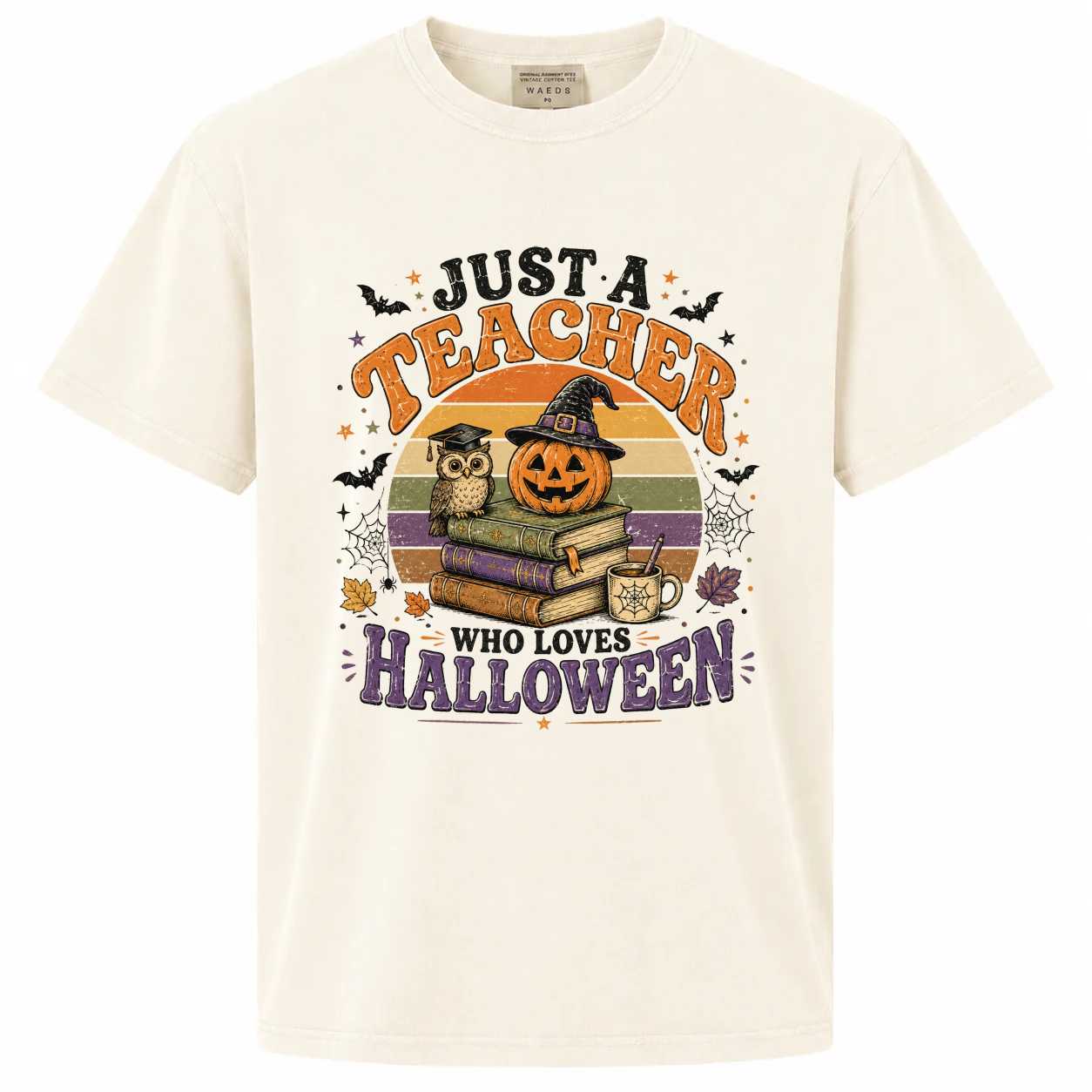 Just a Teacher Who Loves Halloween T-Shirt Retro Vintage Style Bookish Educator Tee for Spooky Season