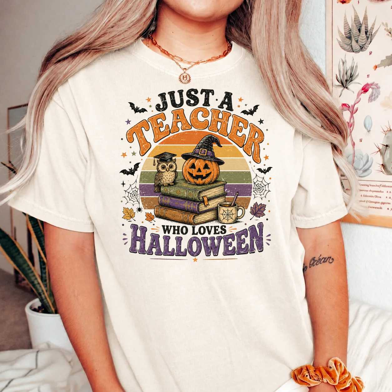 Just a Teacher Who Loves Halloween T-Shirt Retro Vintage Style Bookish Educator Tee for Spooky Season