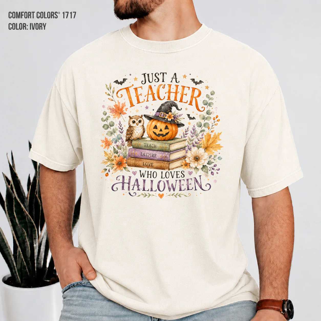 Just a Teacher Who Loves Halloween T-Shirt for Educators Spooky Season Pumpkin and Books Fall Apparel