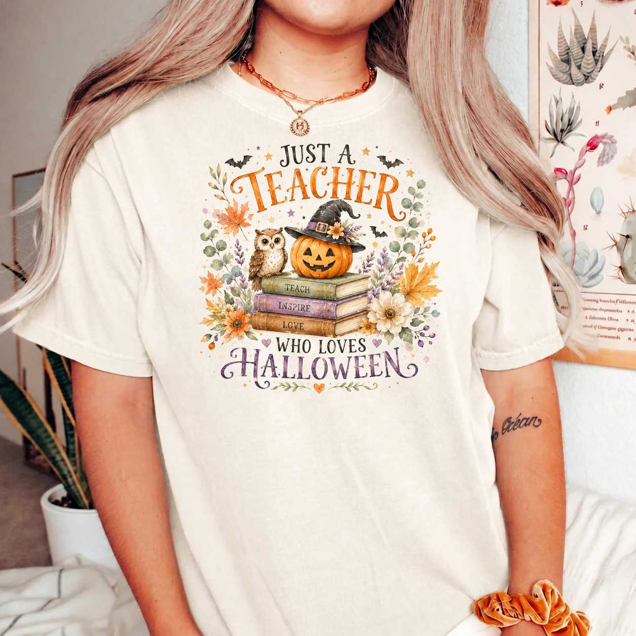 Just a Teacher Who Loves Halloween T-Shirt for Educators Spooky Season Pumpkin and Books Fall Apparel
