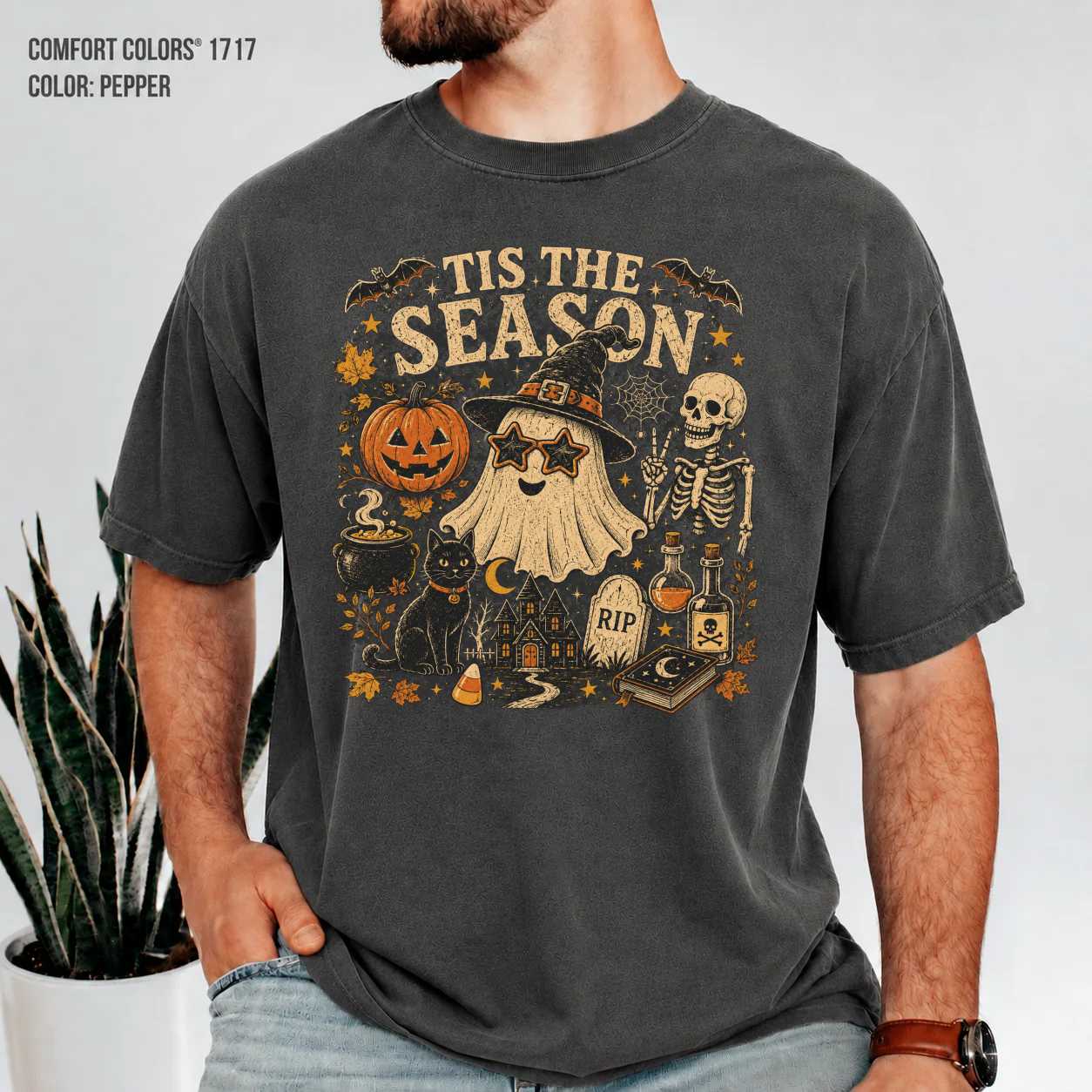 Vintage Tis The Season Halloween T-Shirt with Retro Ghost and Skeleton for Spooky Season Style