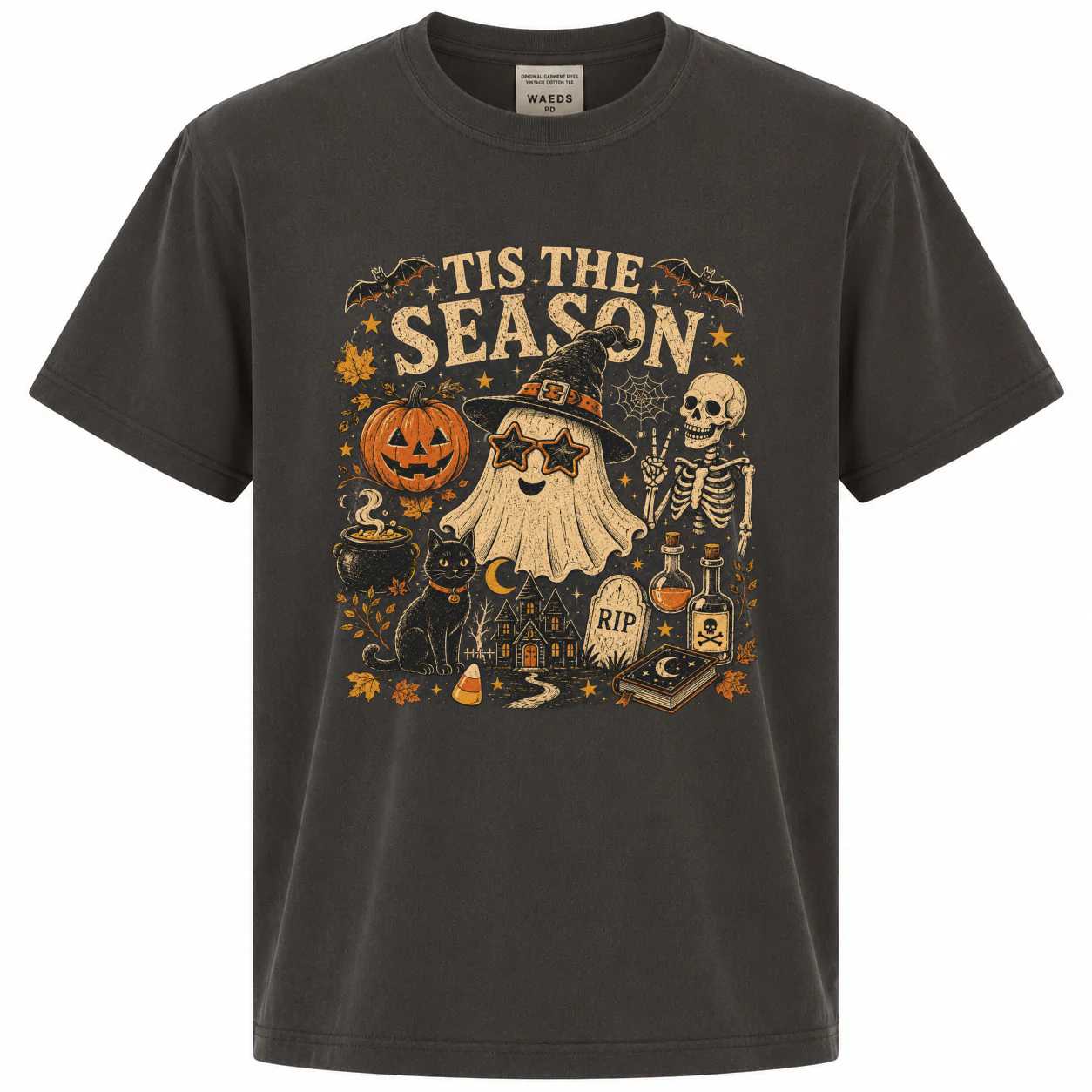 Vintage Tis The Season Halloween T-Shirt with Retro Ghost and Skeleton for Spooky Season Style