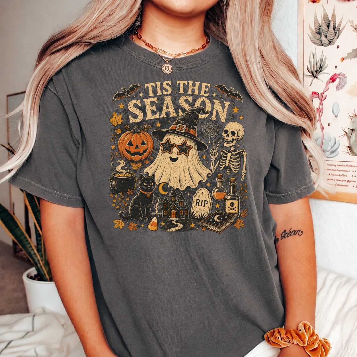 Vintage Tis The Season Halloween T-Shirt with Retro Ghost and Skeleton for Spooky Season Style