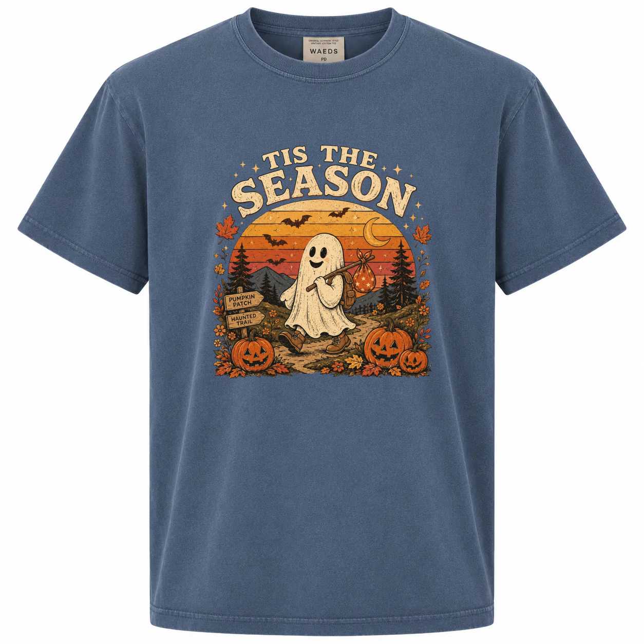 Vintage Halloween Ghost Tis The Season T-Shirt Retro Graphic Tee for Fall Autumn and Spooky Season Celebrations