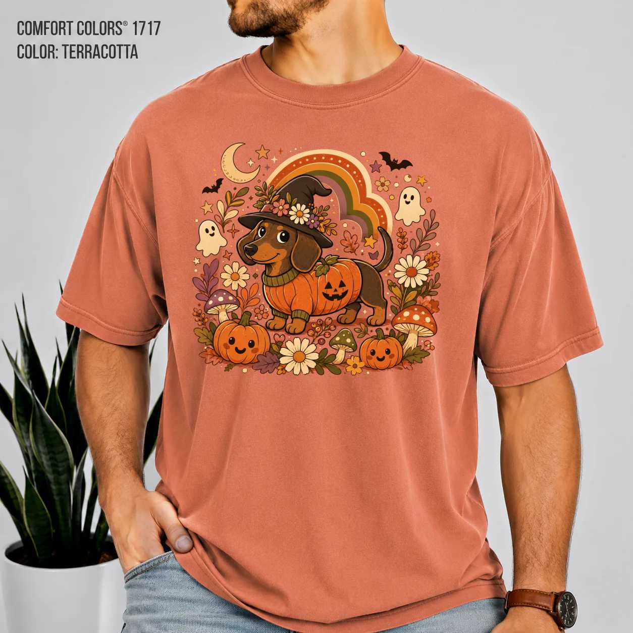 Halloween Dachshund Pumpkin Witch T-Shirt for Dog Lovers Cute Vintage Style Fall Graphic Apparel