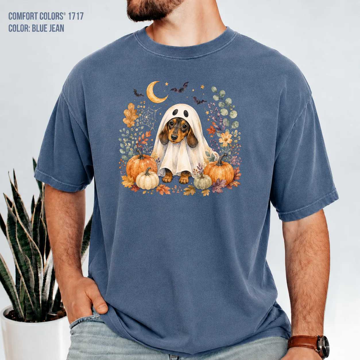 Halloween Dachshund Ghost T-Shirt for Dog Lovers featuring a Spooky Pumpkin and Autumn Leaves Design