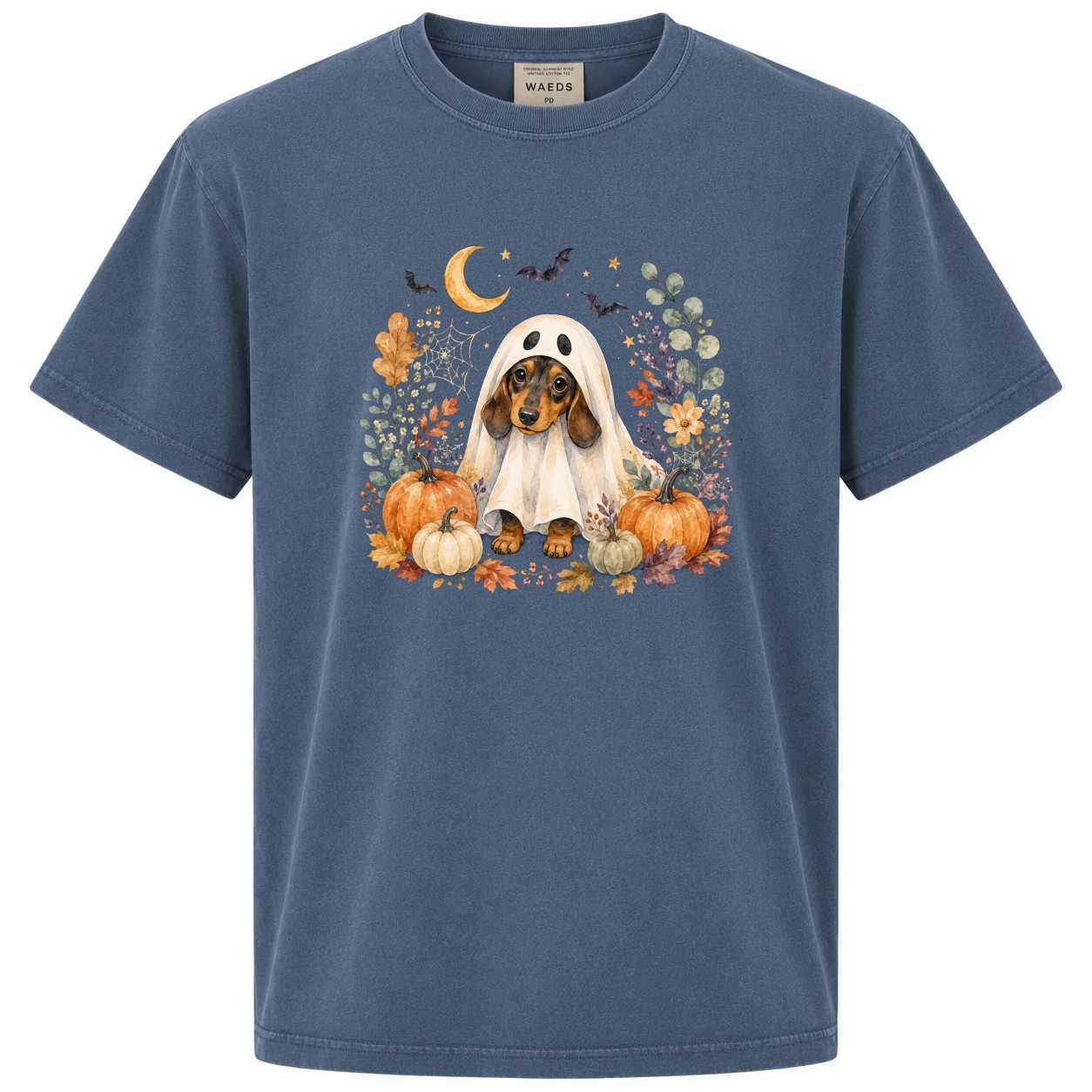 Halloween Dachshund Ghost T-Shirt for Dog Lovers featuring a Spooky Pumpkin and Autumn Leaves Design